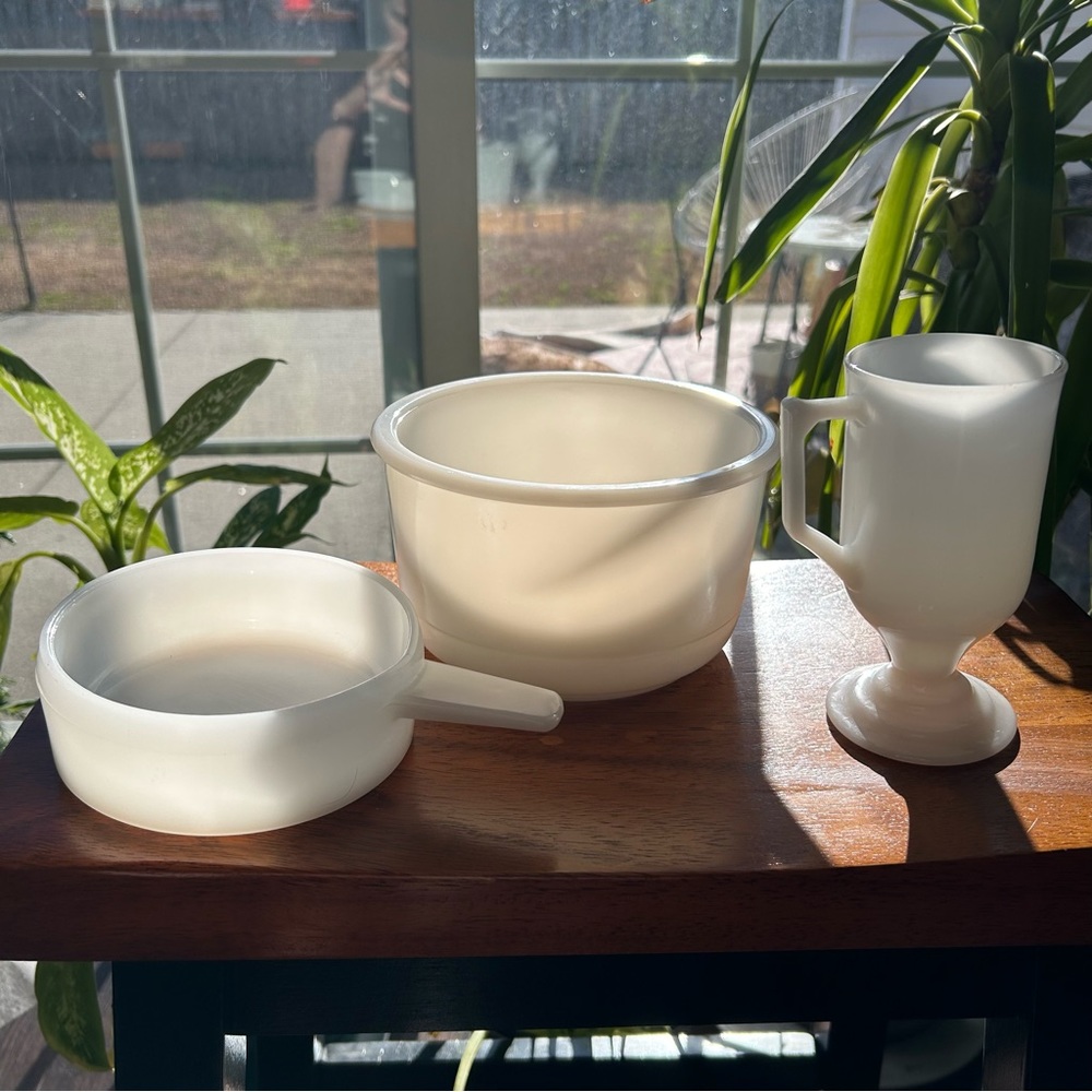 Vintage Milk Glass Bowls and Mug Glasbake MCM